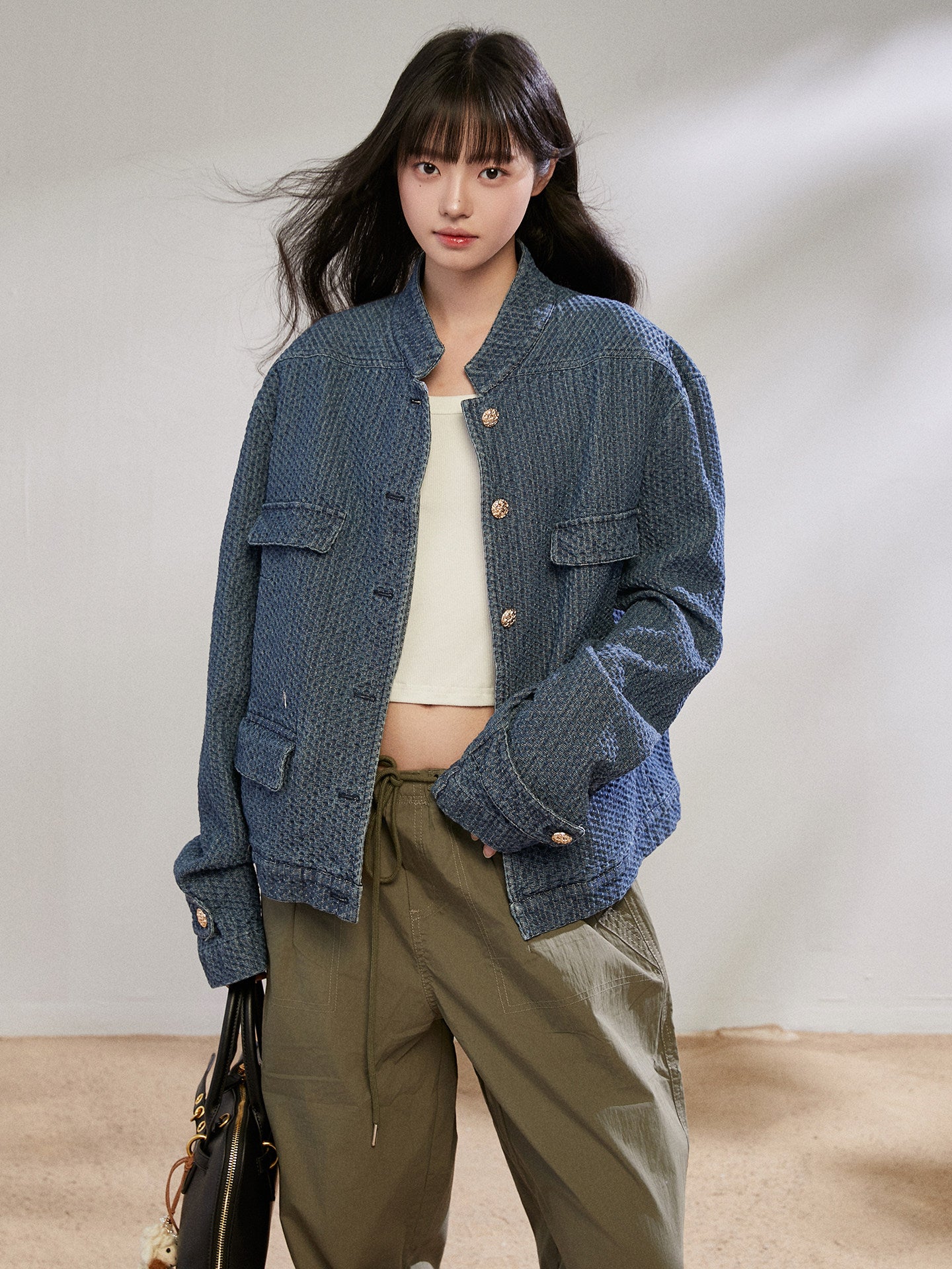 Retro Stand Collar Denim Jacket  KIP0006