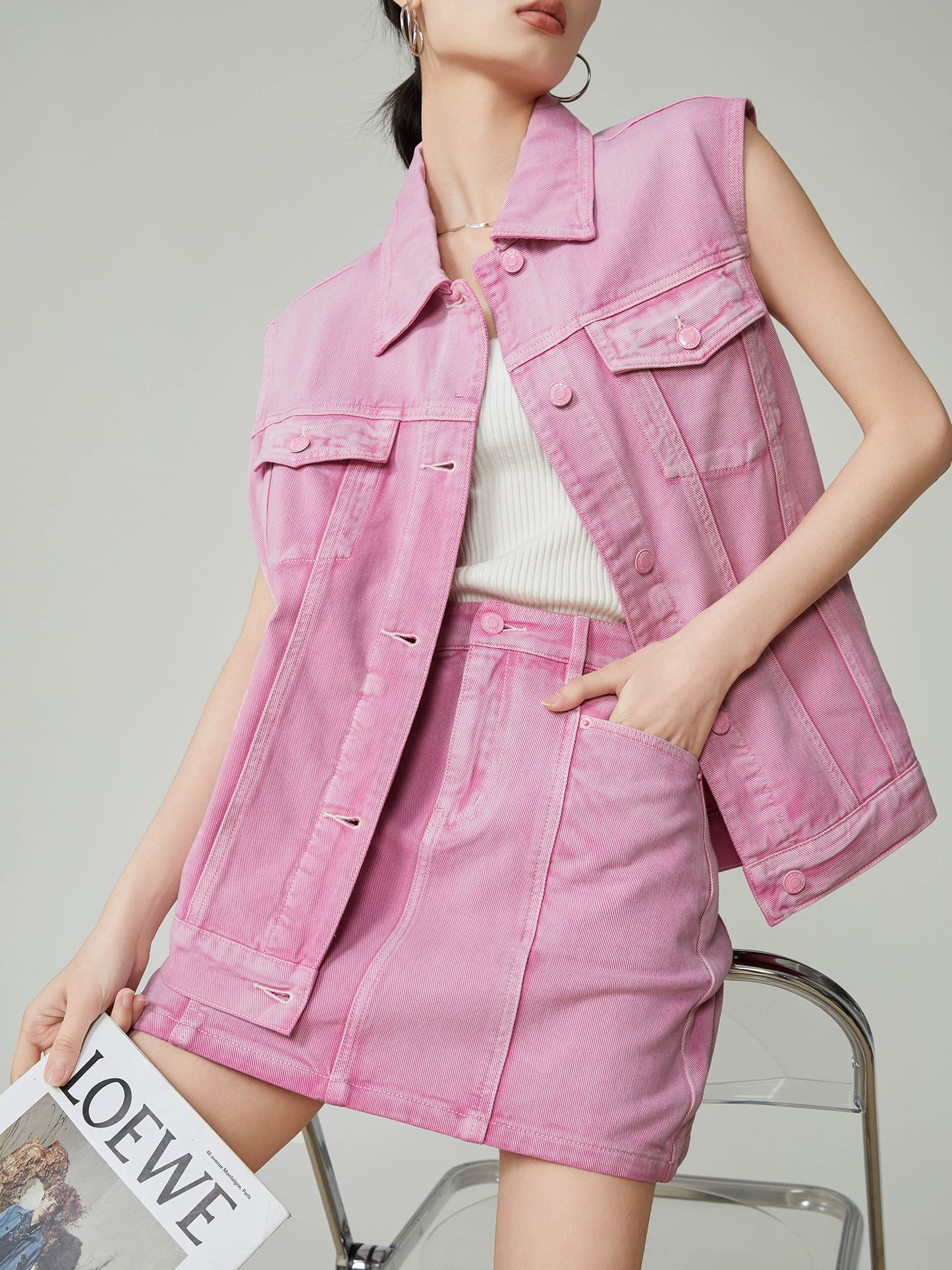 Rose Pink Denim Vest / Mini Skirt FER0011