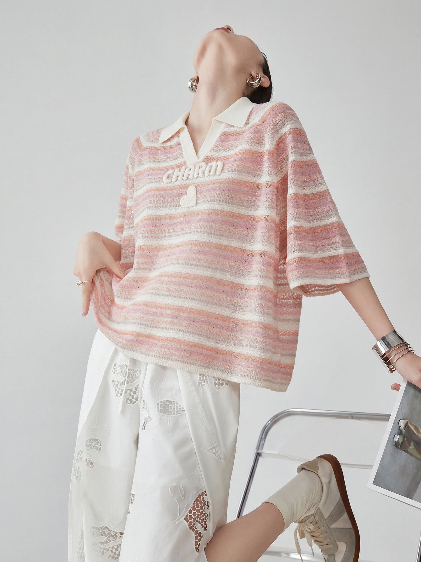 Sheer Border Pattern Polo Sweater FER0351