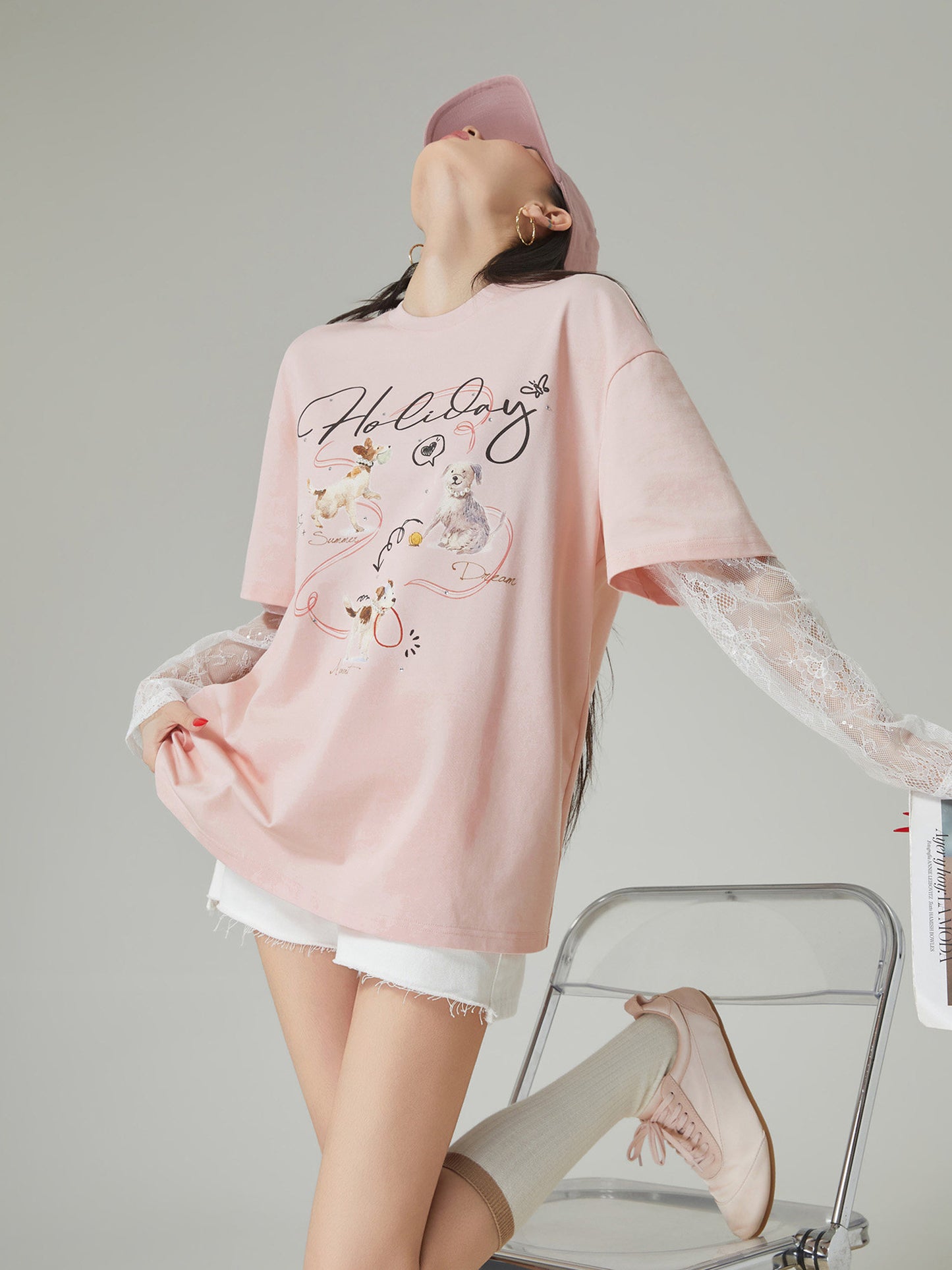 Race Sleeve Dog Print T-Shirt FER0153
