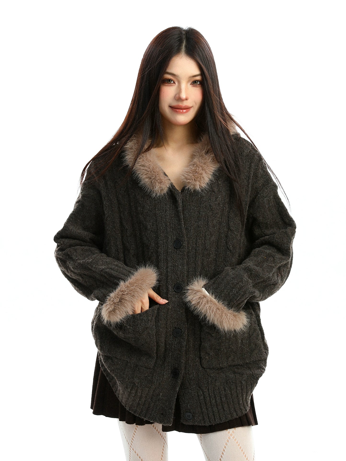 Fur Hood Loose Knit Cardigan BGS0028