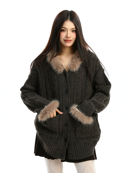 Fur Hood Loose Knit Cardigan BGS0028