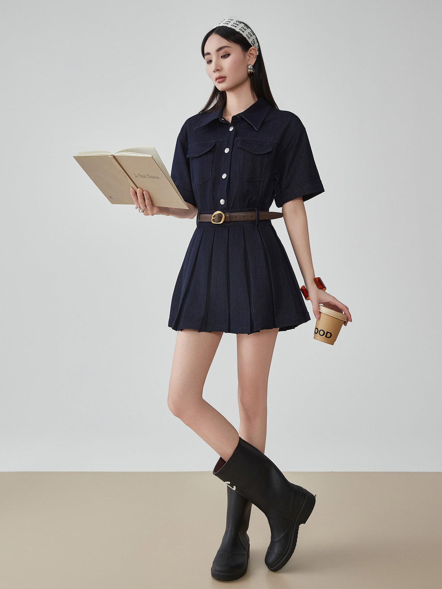 Ruffle Polo Collar Denim Dress FER0105