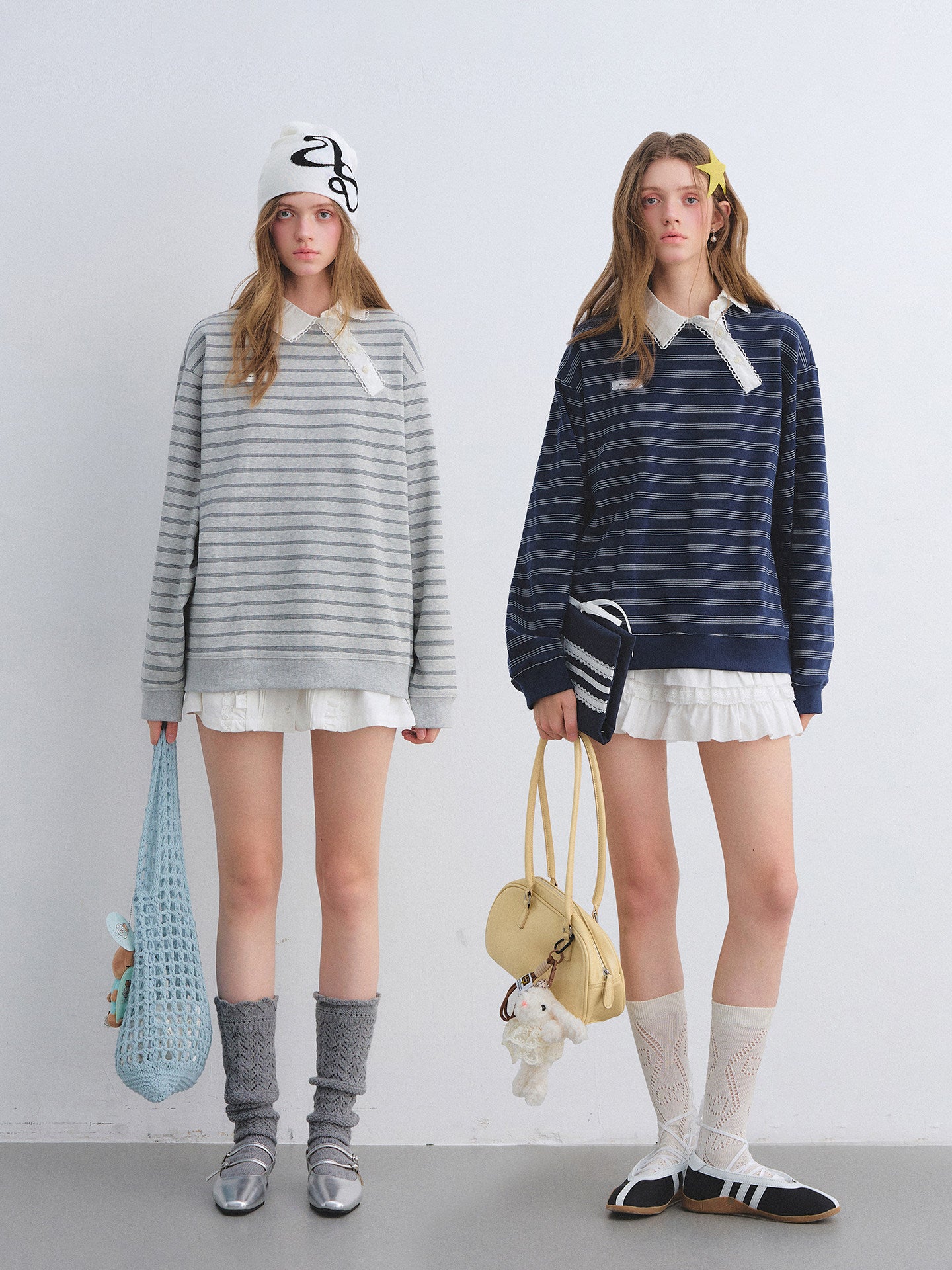 Button Lace Collar Striped Top ASG0085