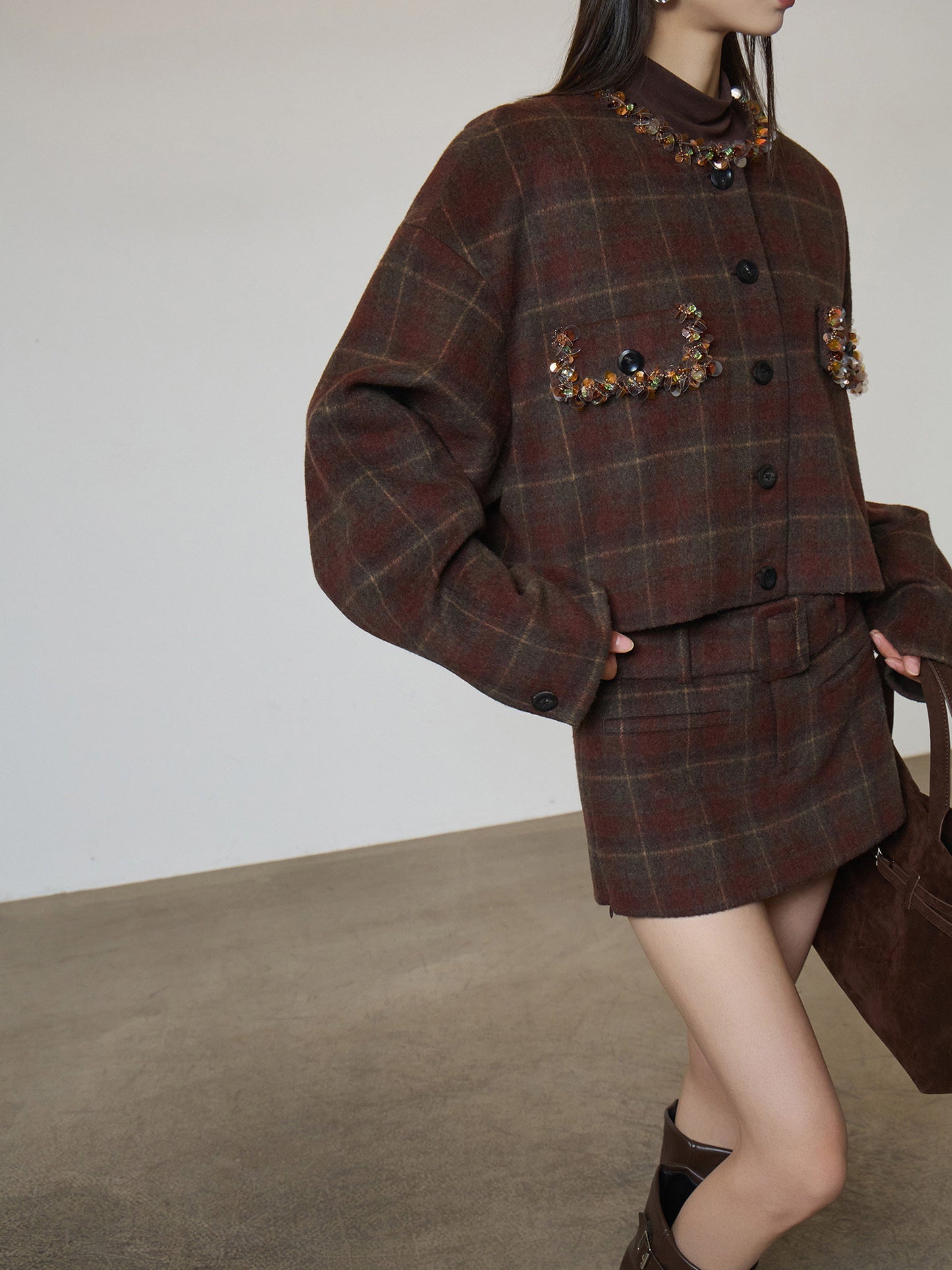 Retro Plaid Collarless Jacket / Mini Skirt SUY0019