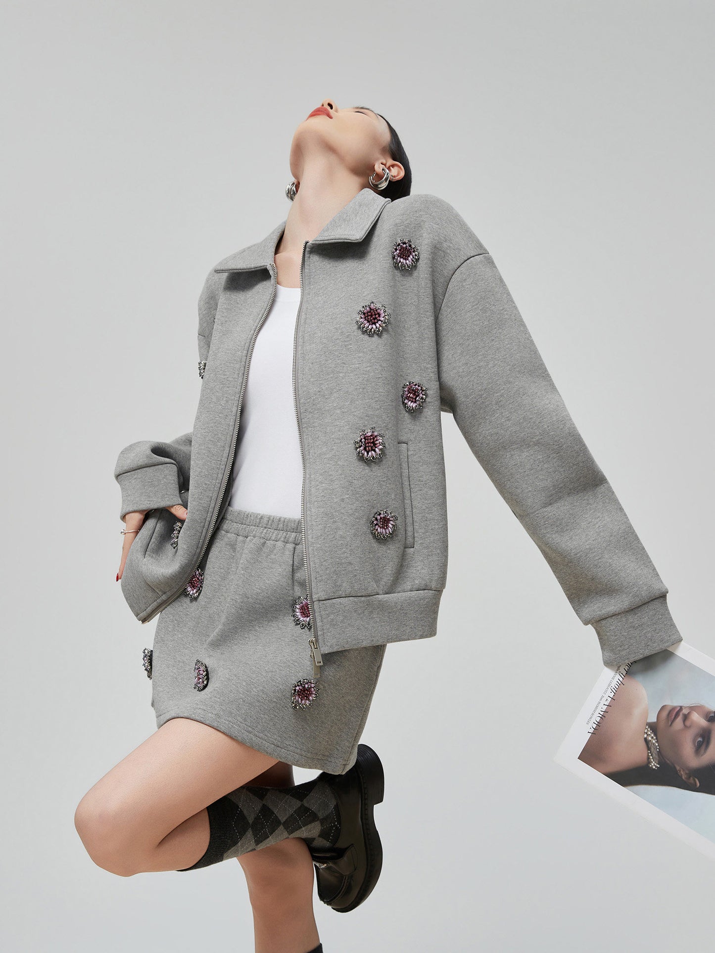 Gray Rhinestone Long-Sleeve Jacket / High-Waist Skirt FER0065