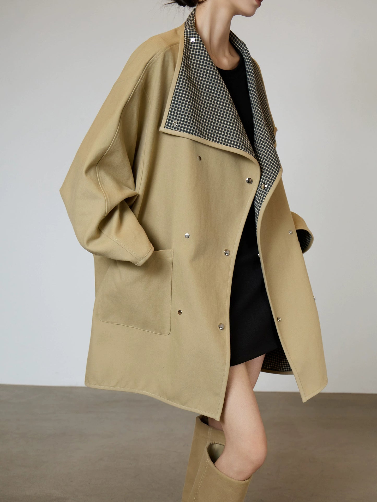 Khaki Plaid Patchwork Trench Coat  SUY0005