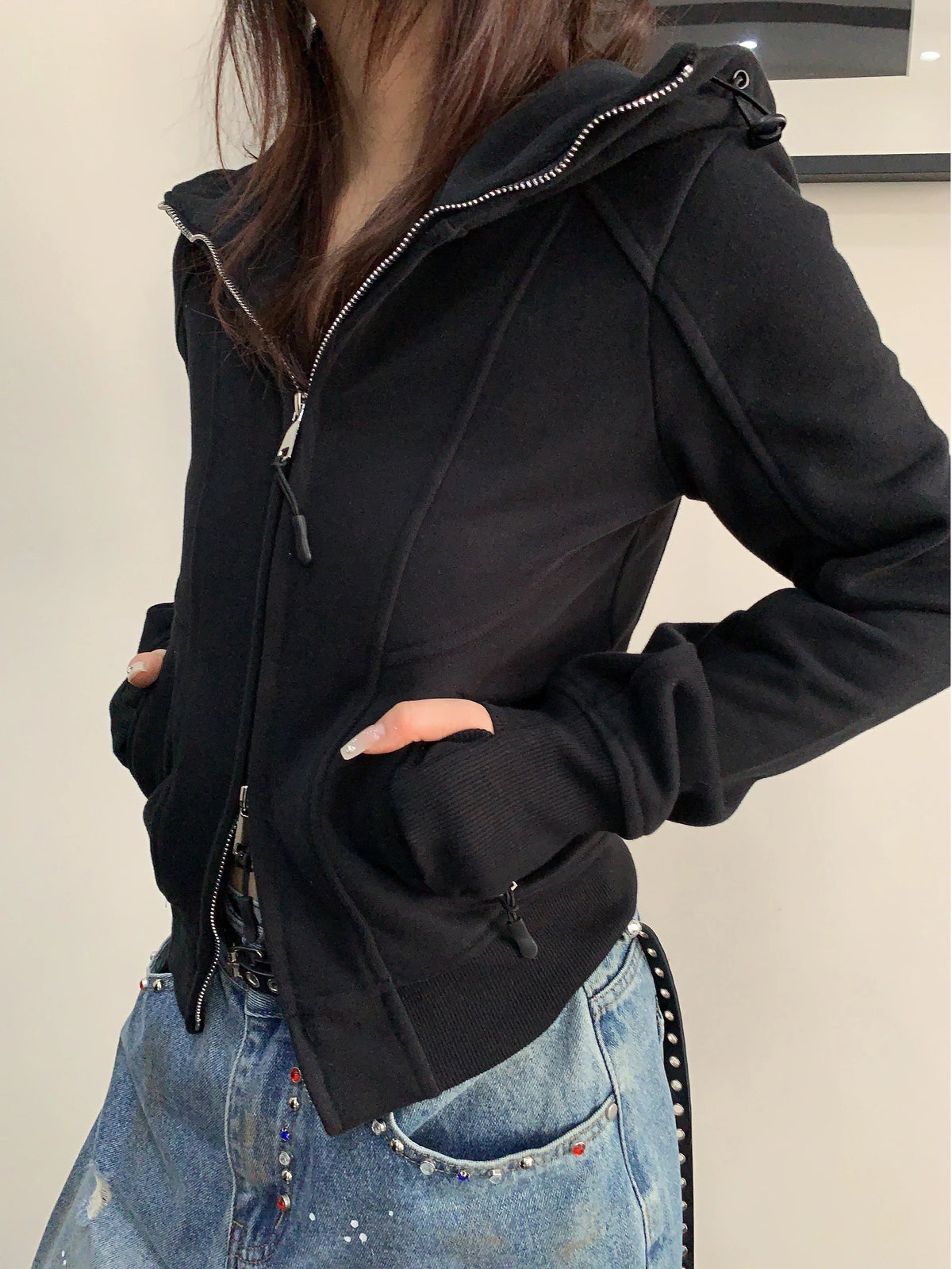High-Neck Hooded Zip-Up Hoodie YLS1057