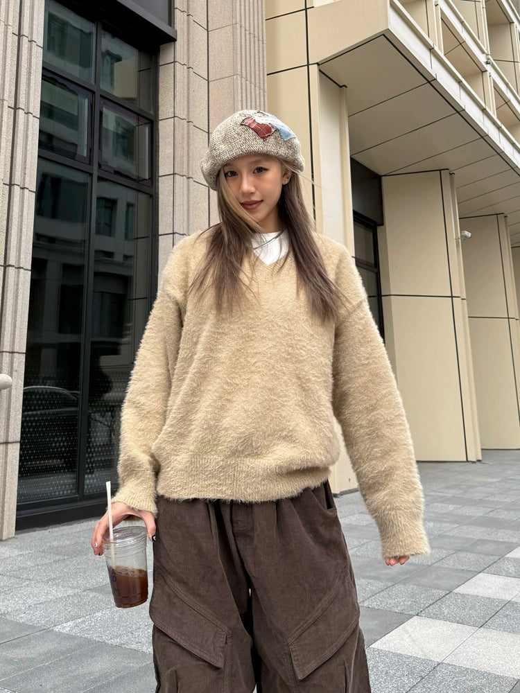 V-Neck Shaggy Knit Top CYE0028
