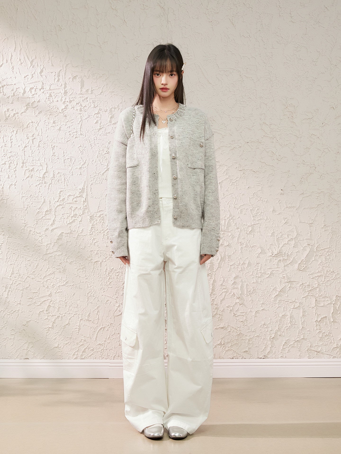 Speckled Rhinestone Knit Cardigan / Rhinestone Flash Jeans  KIP0010