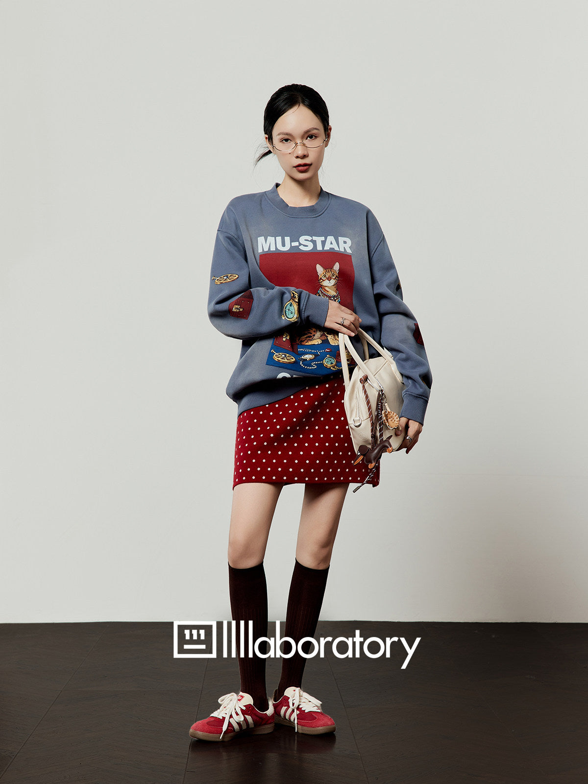 Cat Print Retro Sweatshirt/Retro Polka Dot Skirt LLA0607