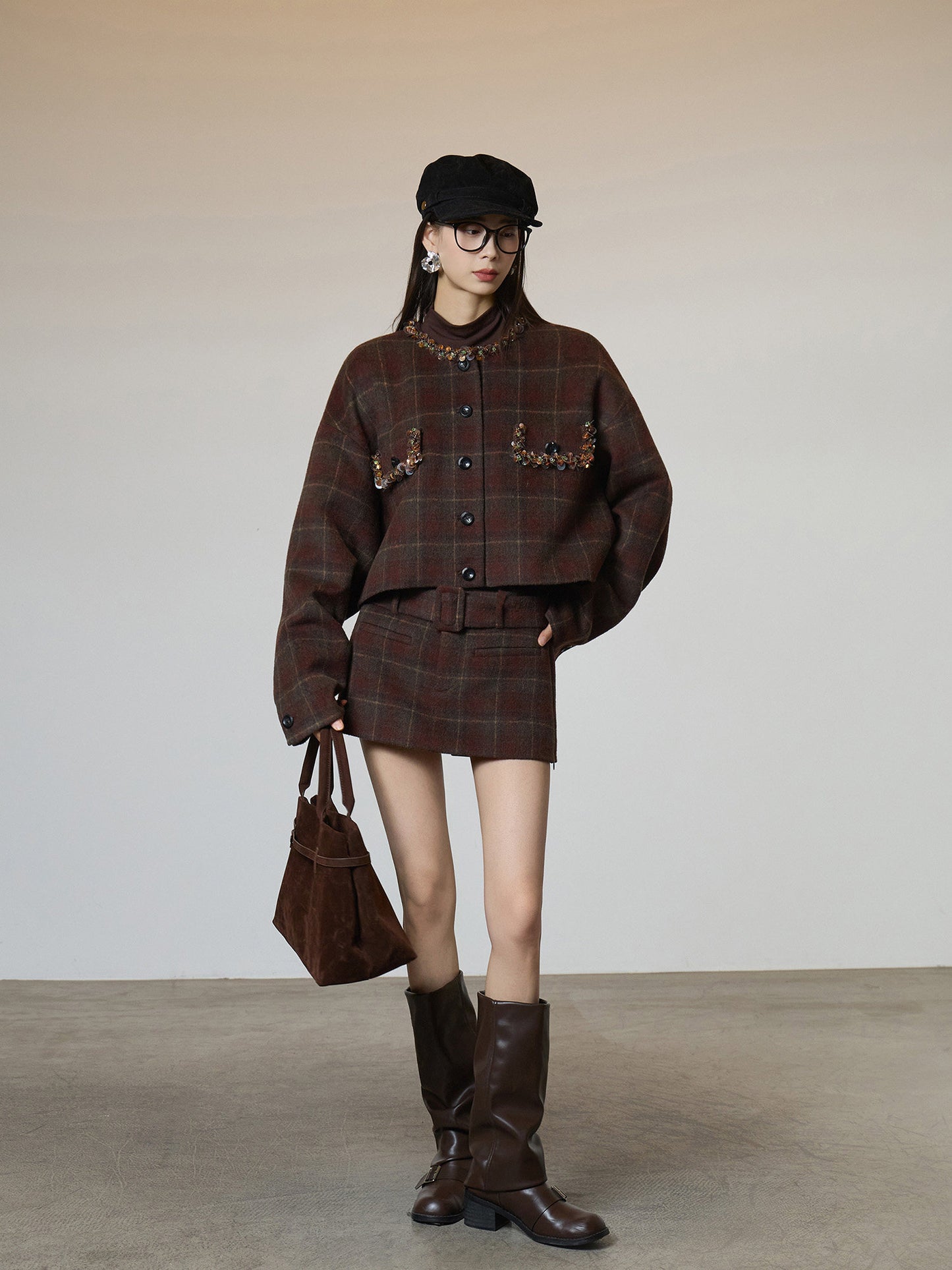 Retro Plaid Collarless Jacket / Mini Skirt SUY0019