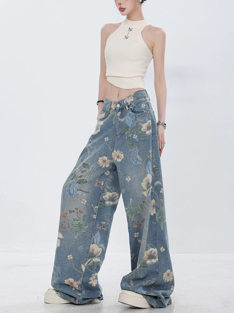 Flower Design Wide Denim Pants ABW0013