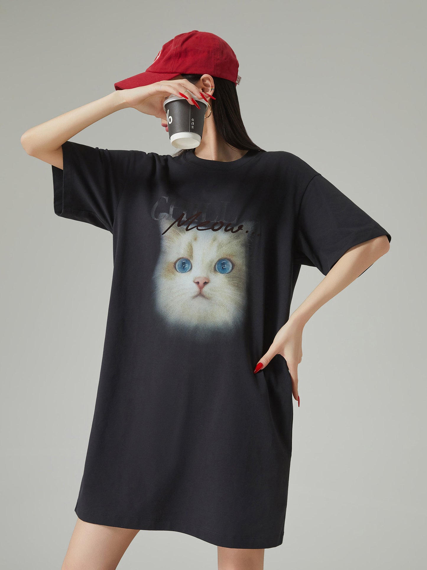 Cat Print T-Shirt Dress FER0284