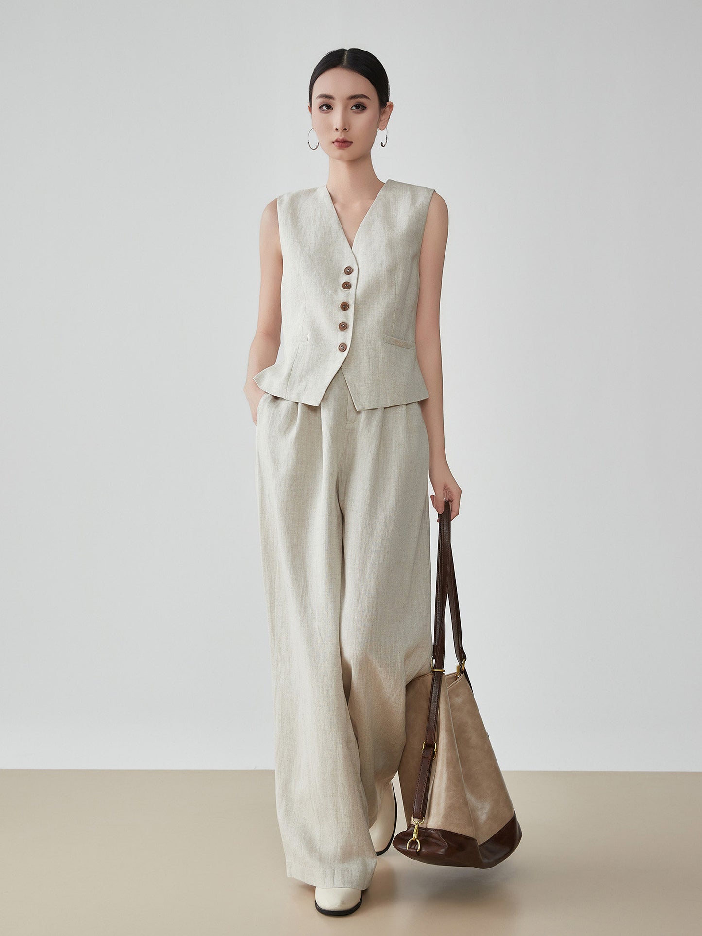 Linen V-Neck Vest / Wide Relaxed Pants FER0270