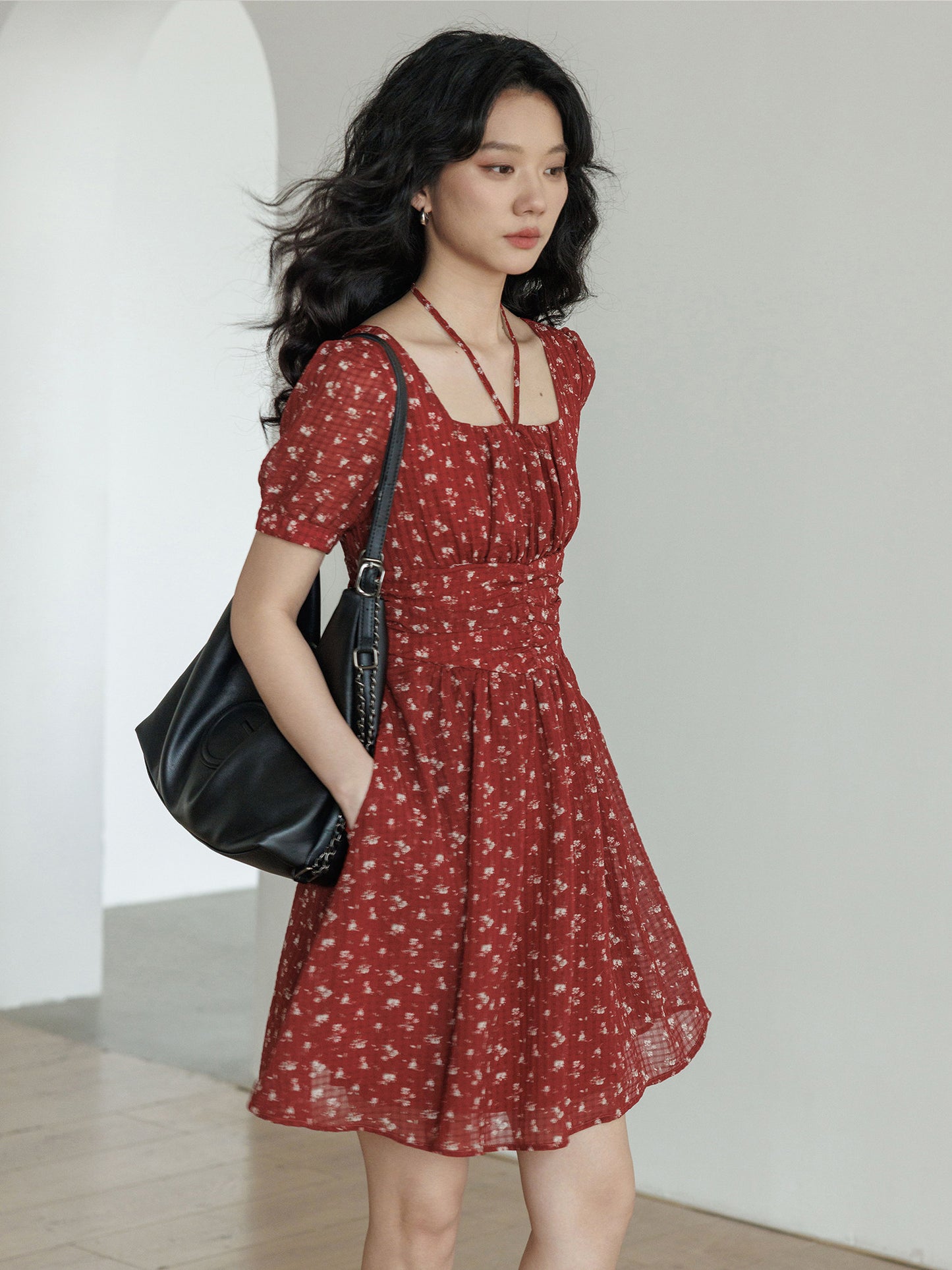 Square Neck Flower Mini Dress VAS0195