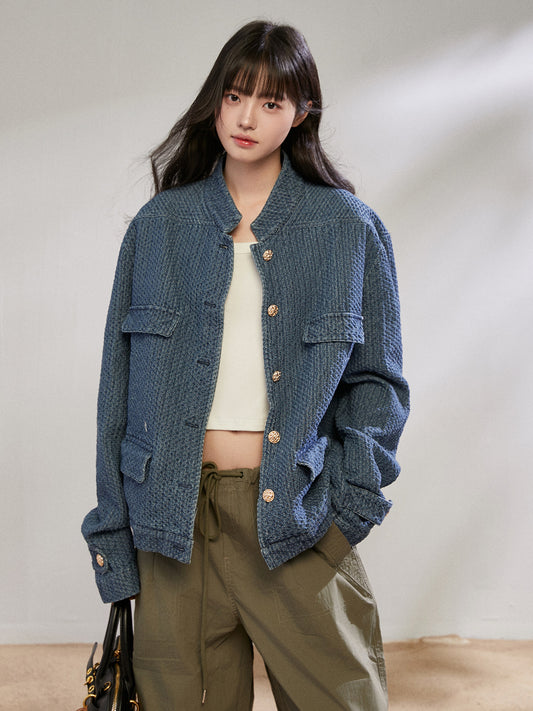 Retro Stand Collar Denim Jacket  KIP0006