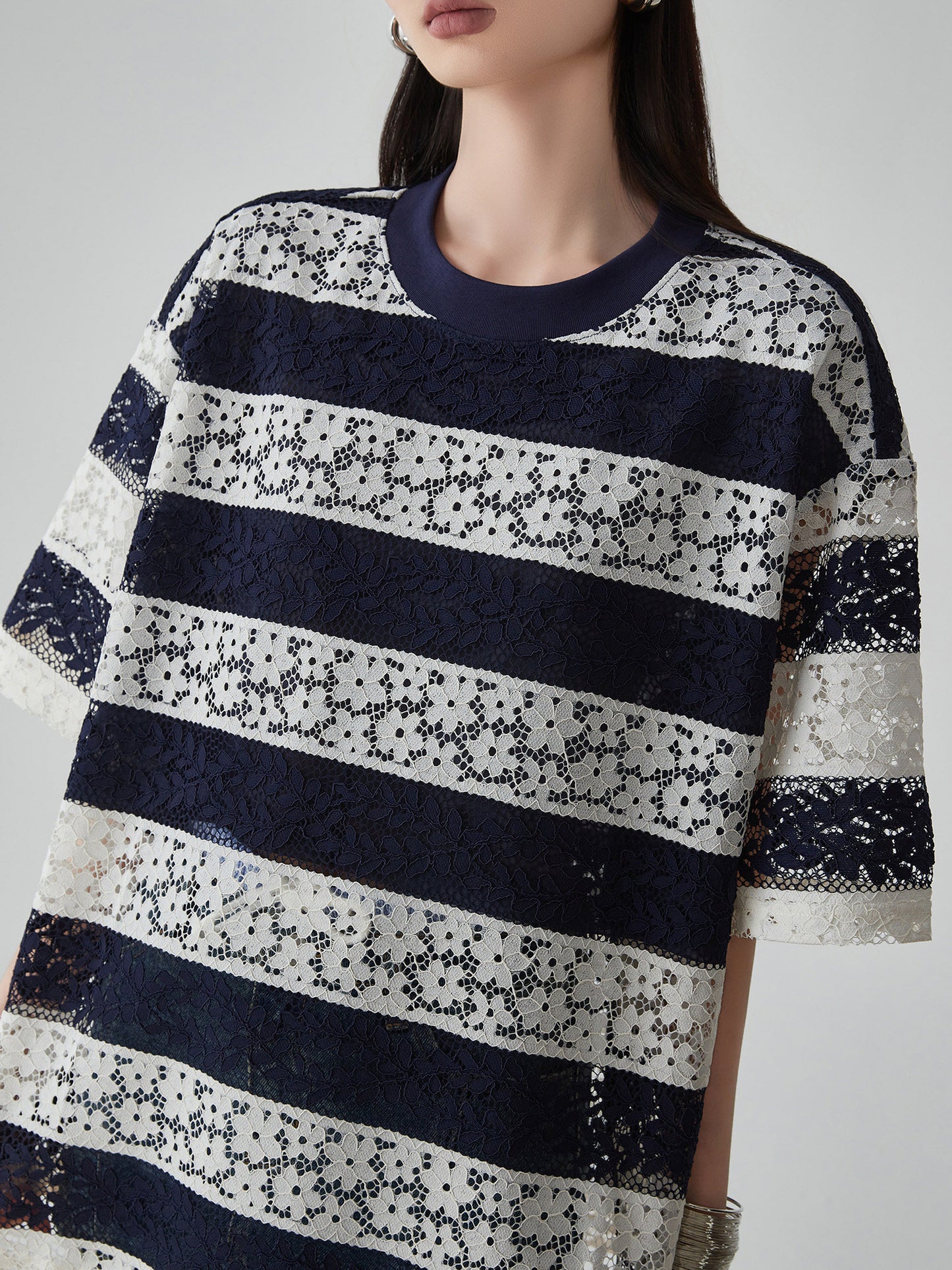 Sheer Lace Border Oversized T-Shirt FER0237