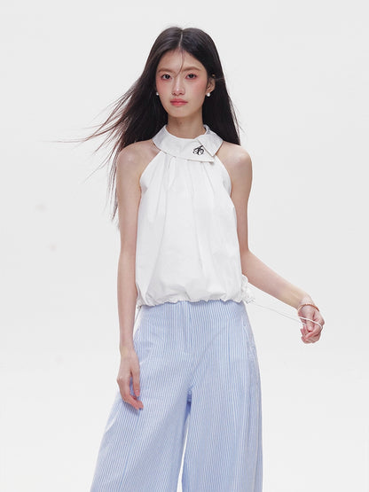 Halterneck Sleeveless Top / Blue Striped Pants AMO0005