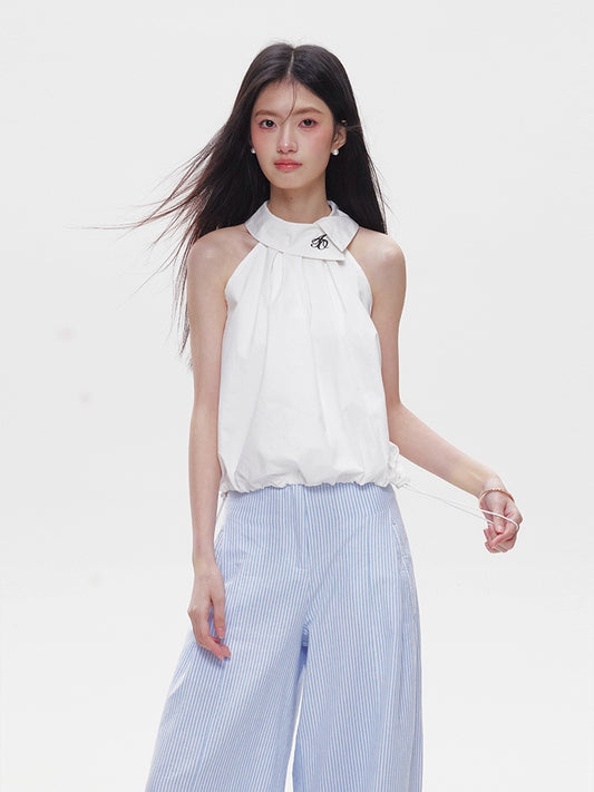 Halterneck Sleeveless Top / Blue Striped Pants AMO0005