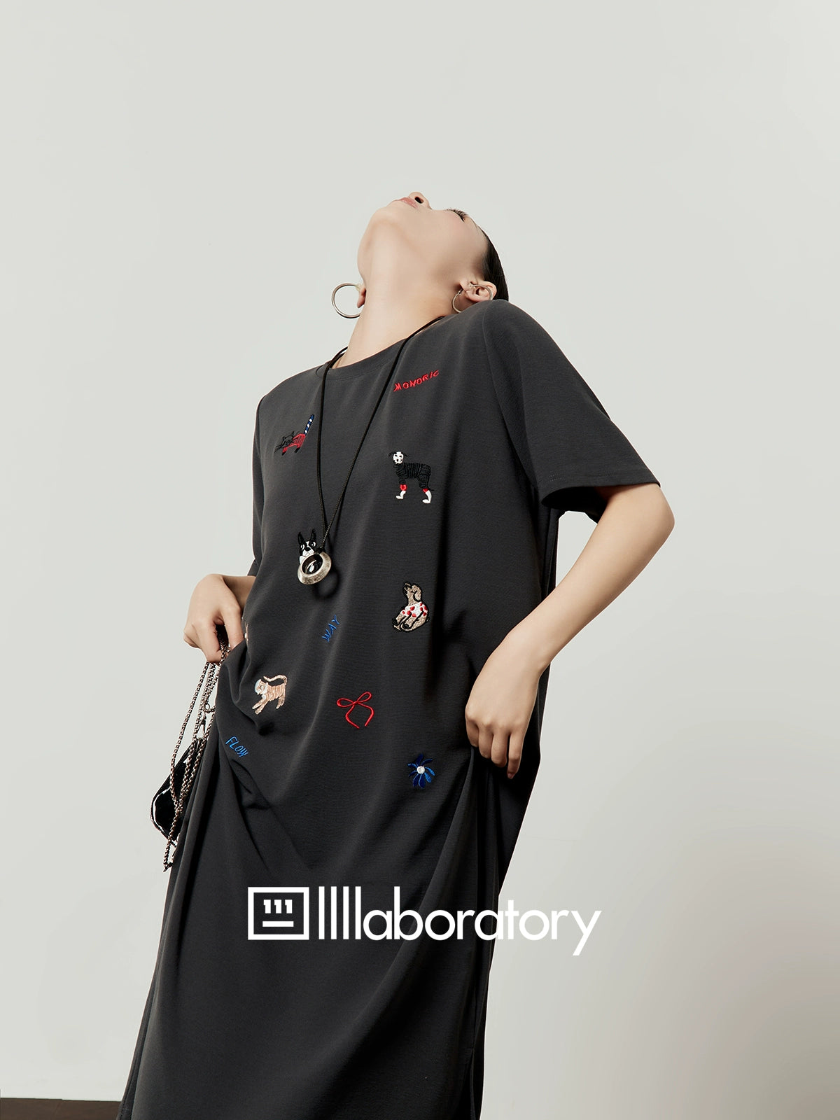 Dark Gray Animal Embroidery Dress LLA0487