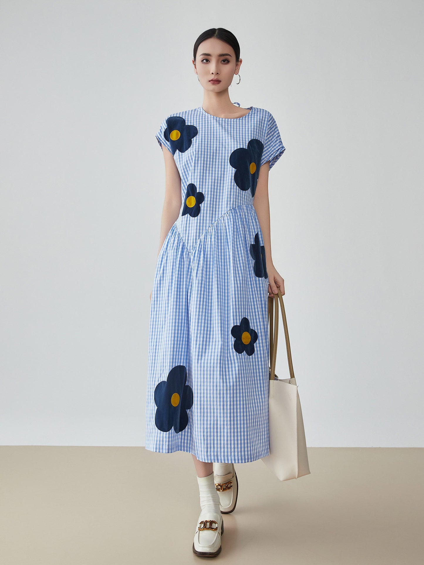 Floral Plaid Short-Sleeve Shirt Dress FER0092