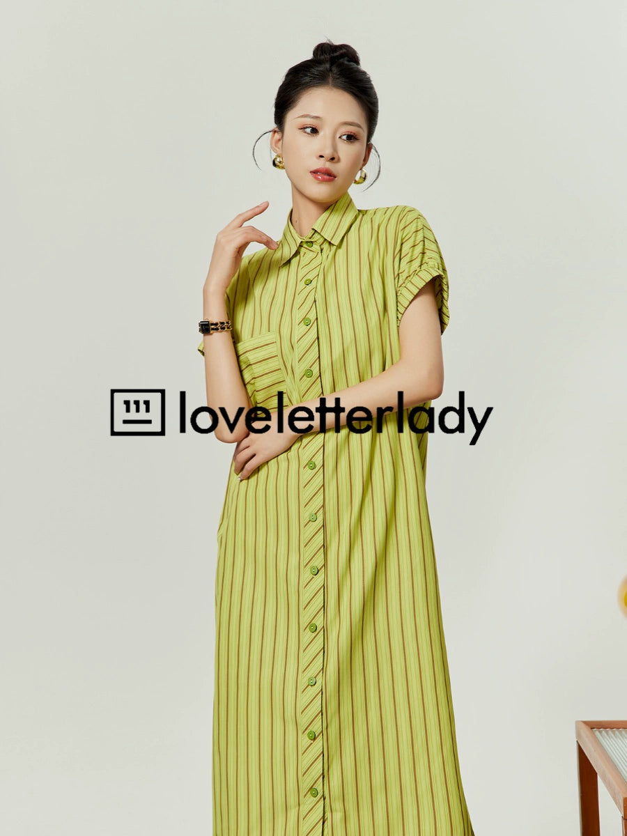 Yellow Green Striped Shirt Dress LLA0058