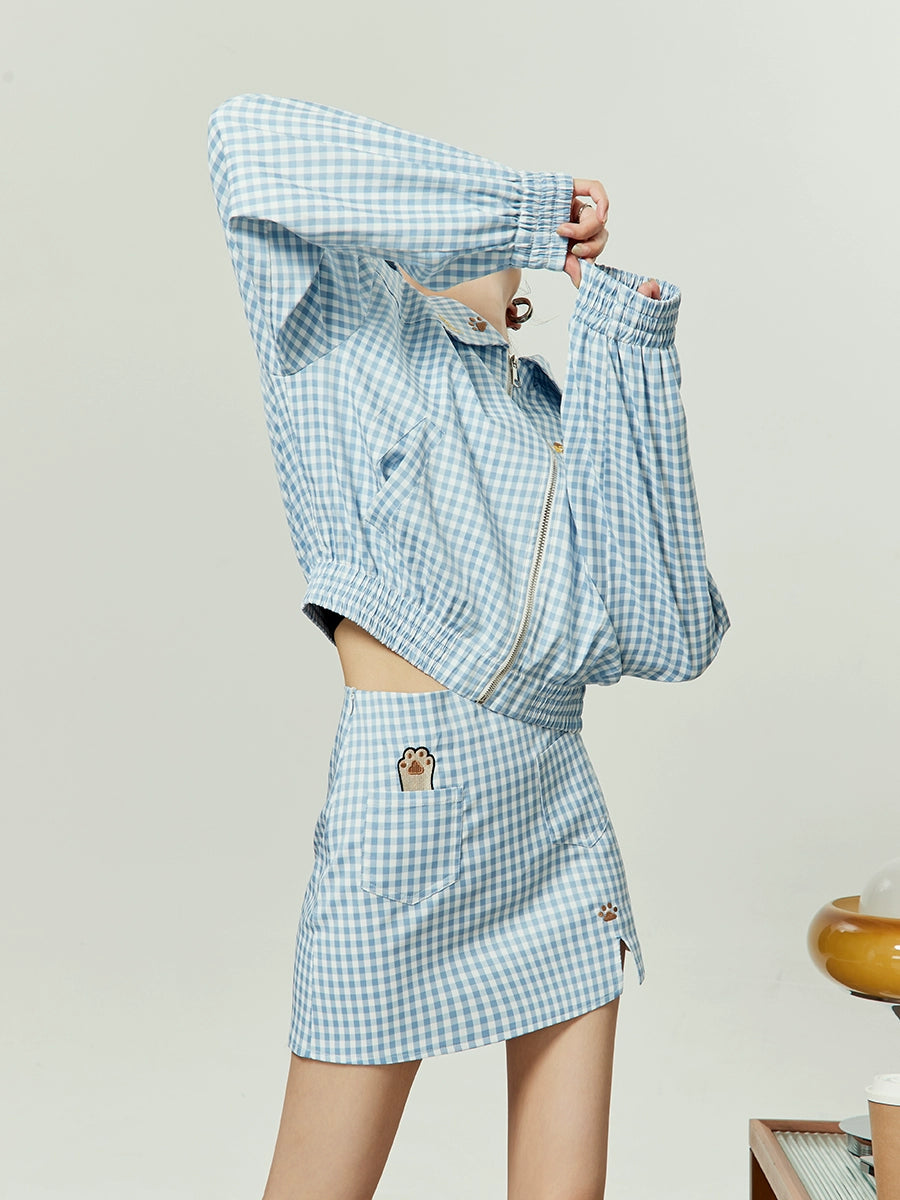 Blue plaid skirt and jacket set best sale