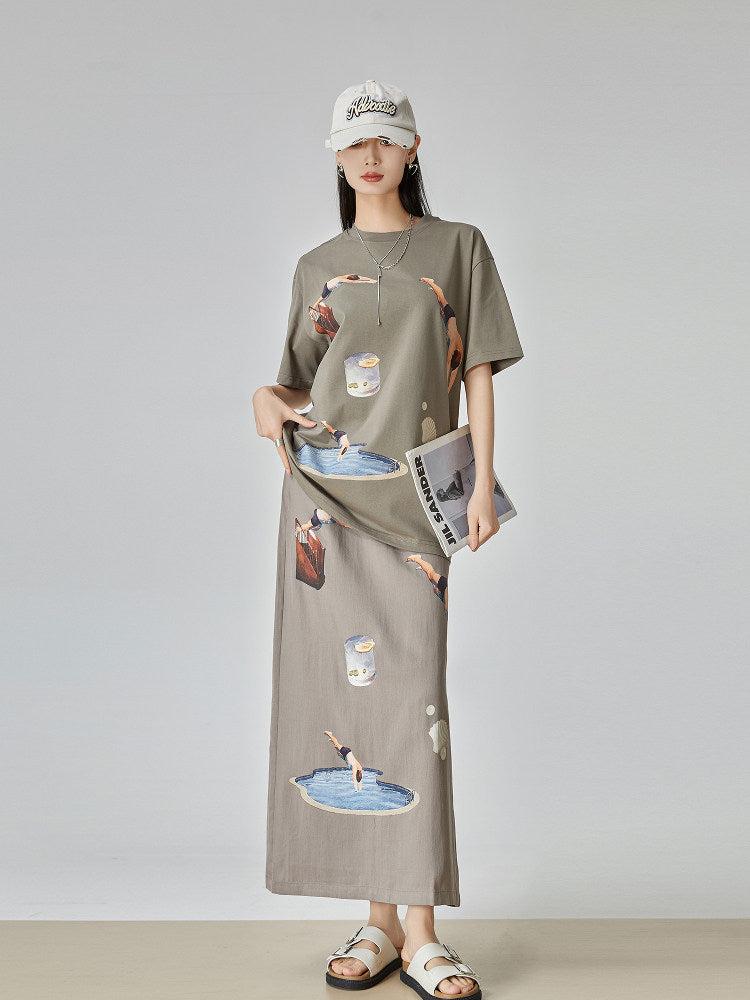 Swimmer Print Short-Sleeve T-Shirt / Long Skirt FER0286