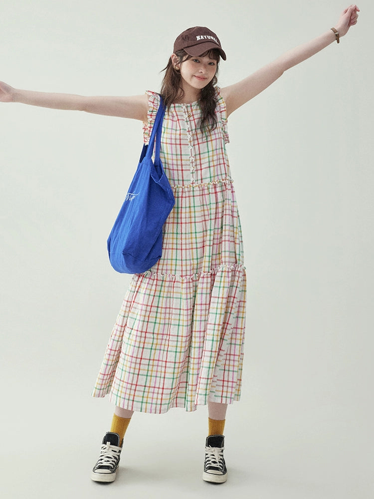 Colorful Check Cotton Sleeveless Dress AMU0019