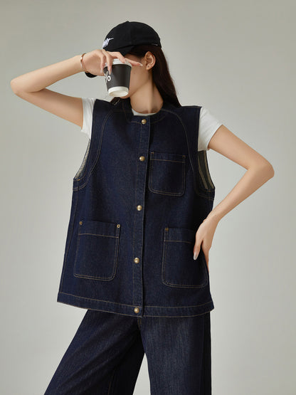 Collarless Denim Vest / Denim Wide Pants FER0144