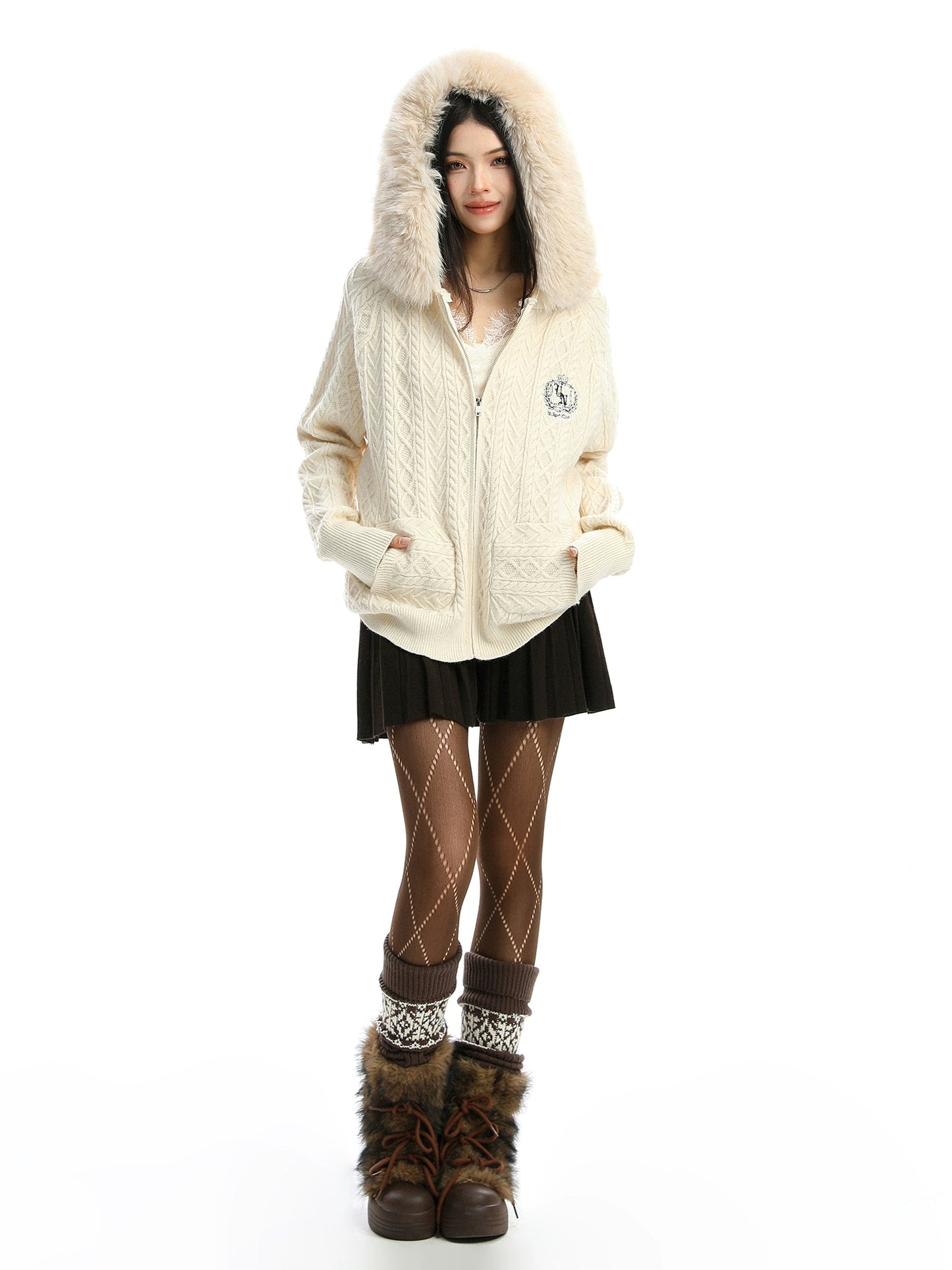 Fur Hood Cable Knit Top BGS0034