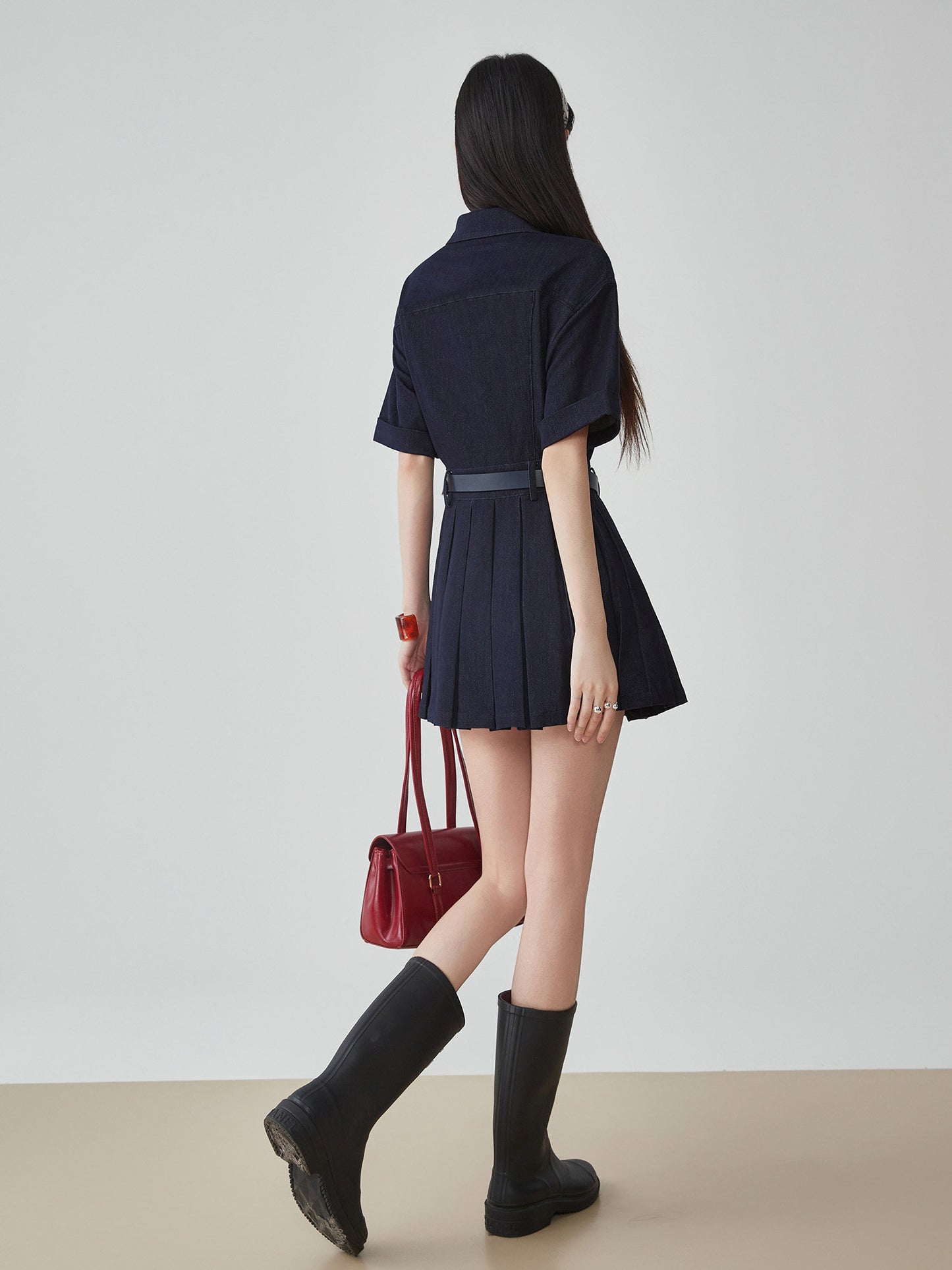 Ruffle Polo Collar Denim Dress FER0105