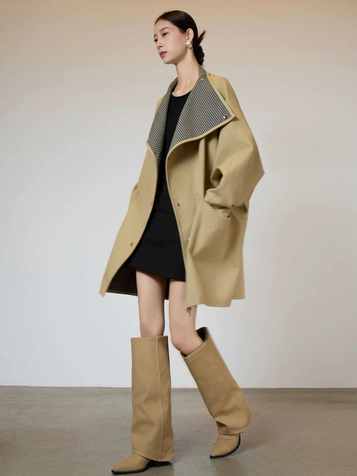 Khaki Plaid Patchwork Trench Coat  SUY0005