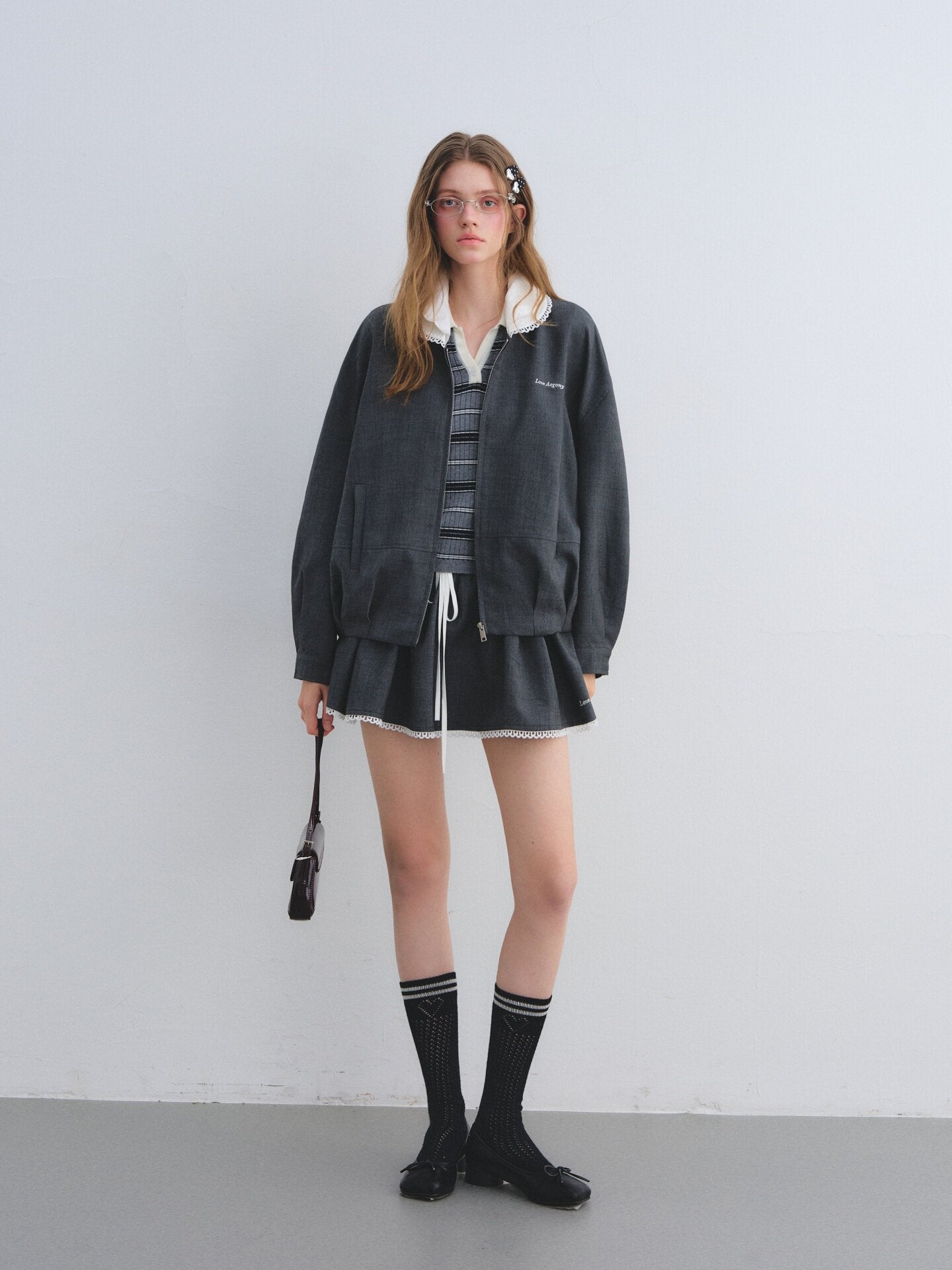 Lace Collar Zip Jacket / Flared Mini Skirt ASG0084