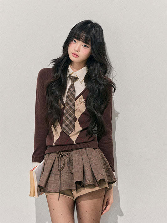 Layered-Style Argyle Knit Shirt LAS0054