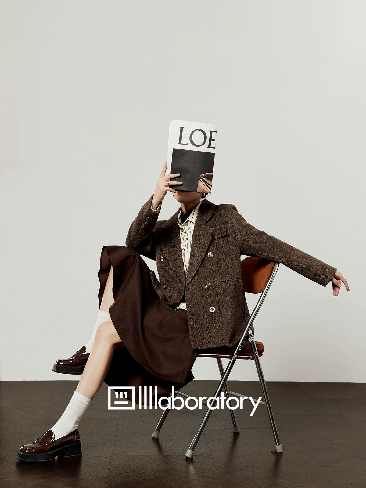 Retro Autumn Jacket/Striped Shirt/Brown Asymmetrical Skirt LLA0542