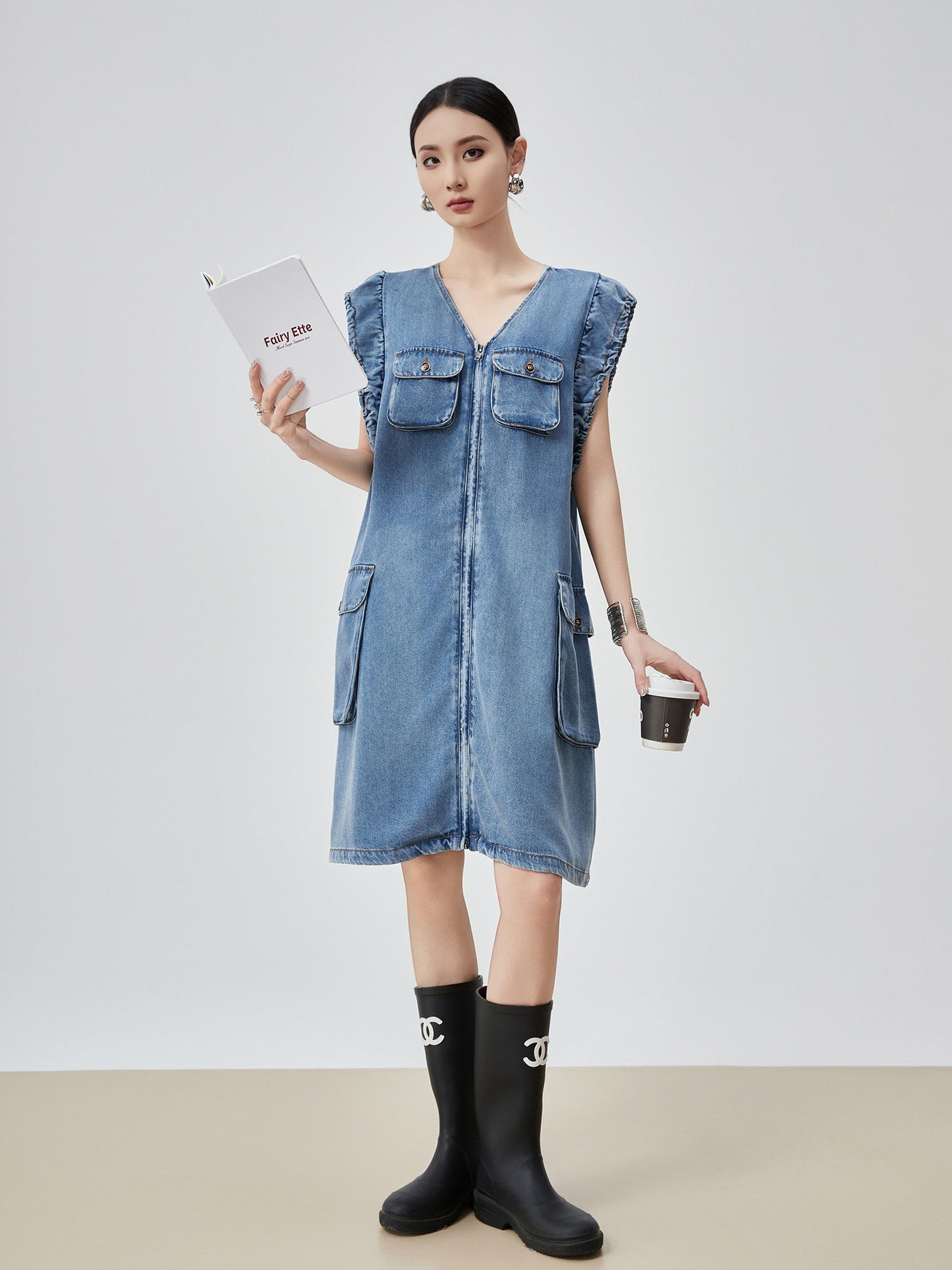 V-Neck Sleeveless Denim Dress FER0115