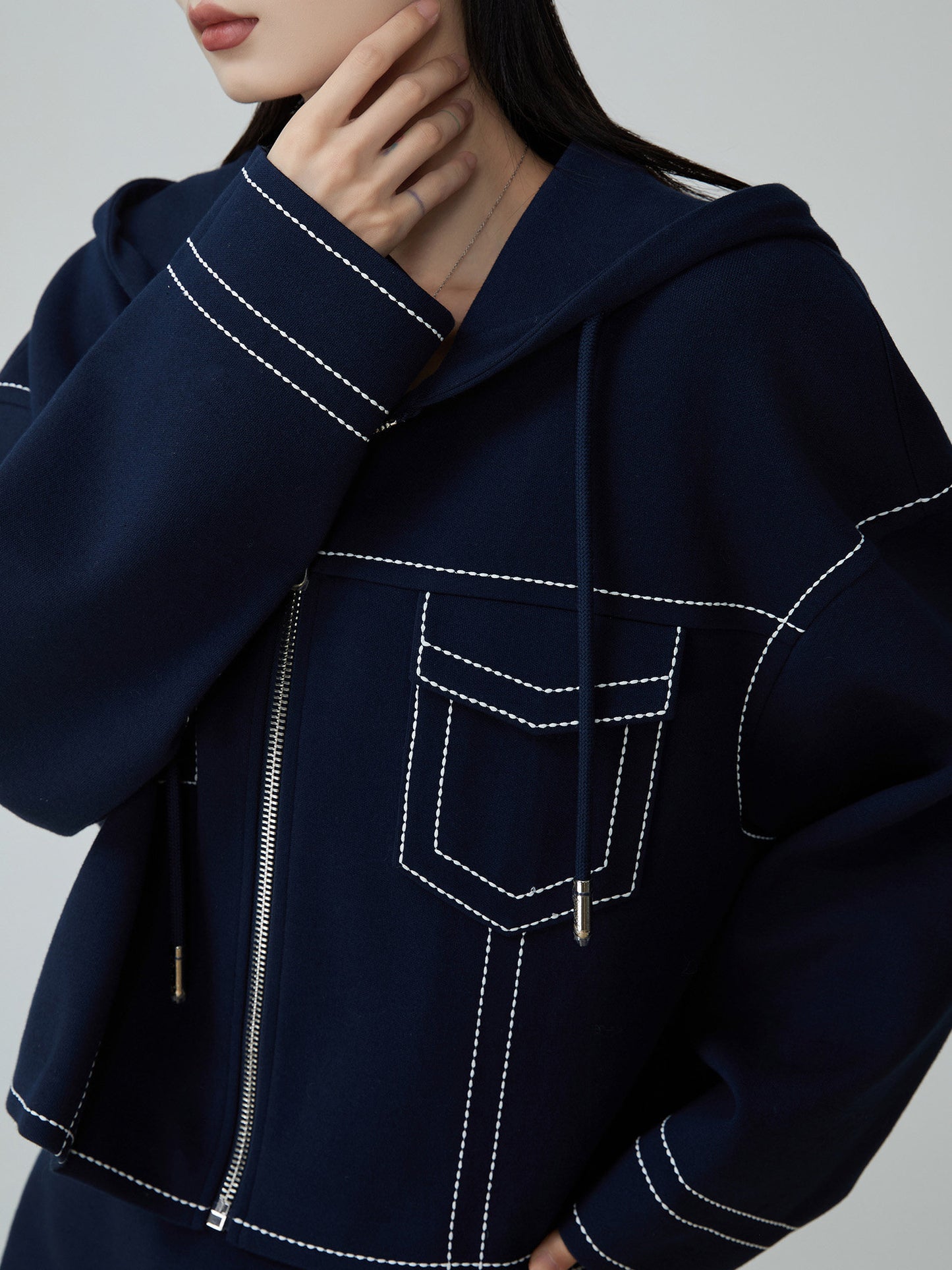 Denim-Style Zip Hoodie / Elastic Waist Mini Skirt FER0051