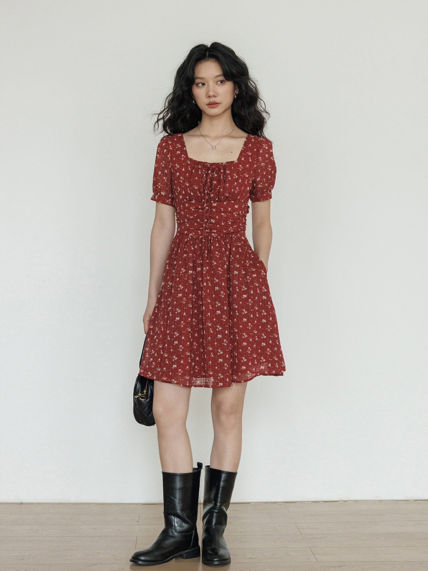 Square Neck Flower Mini Dress VAS0195