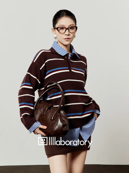 Polo Collar Coffee Knit/Blue Striped Shirt/Brown Knit Skirt LLA0540