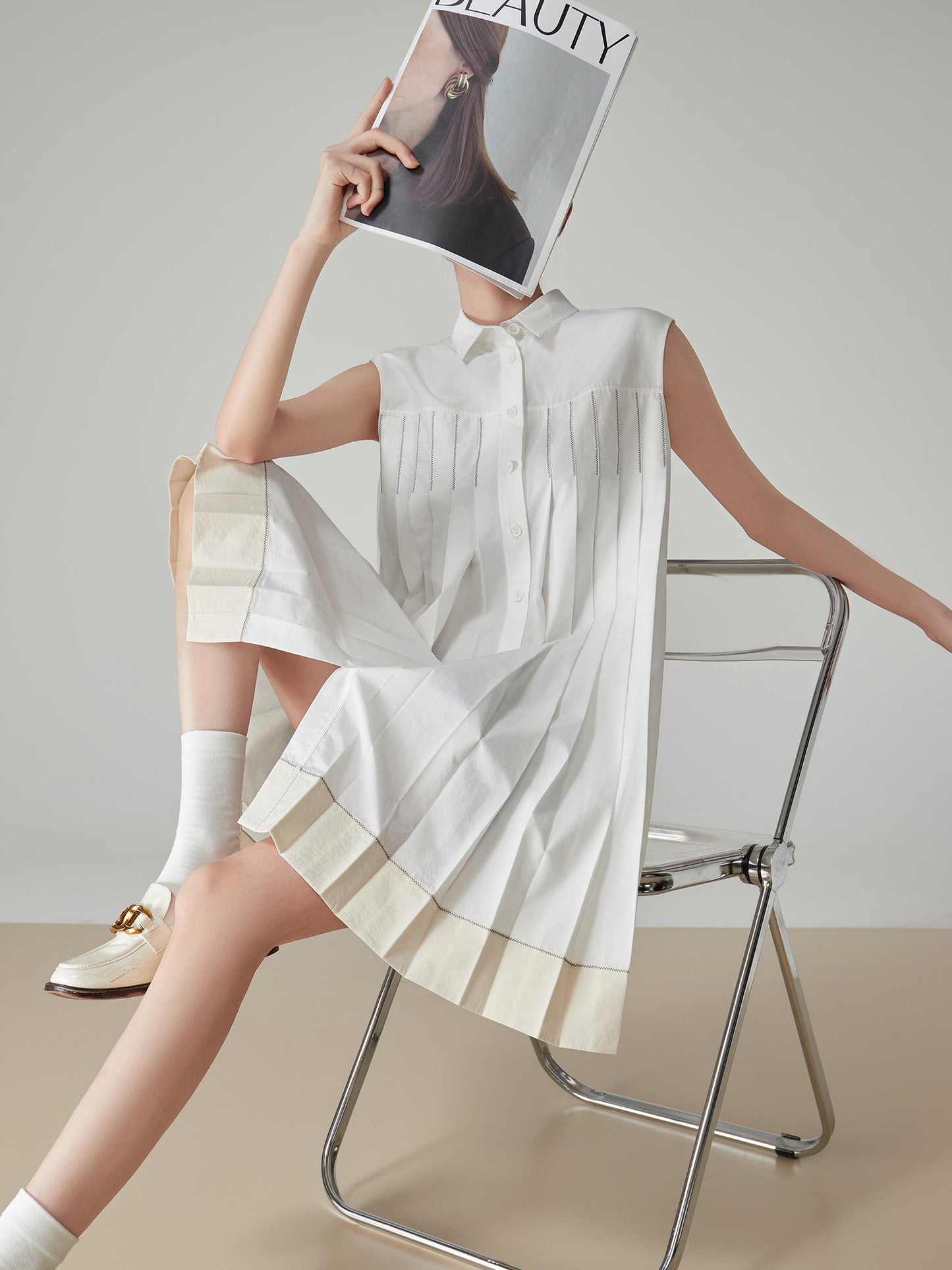 Sleeveless Shirt Pleated Dress FER0174