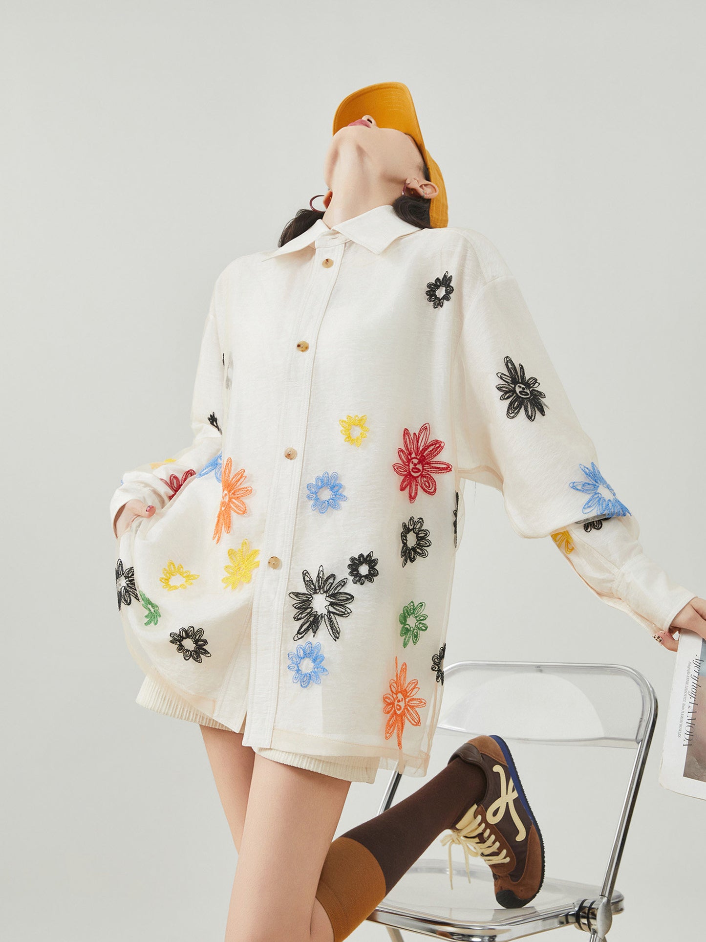 Flower Embroidered Long-Sleeve Shirt FER0098