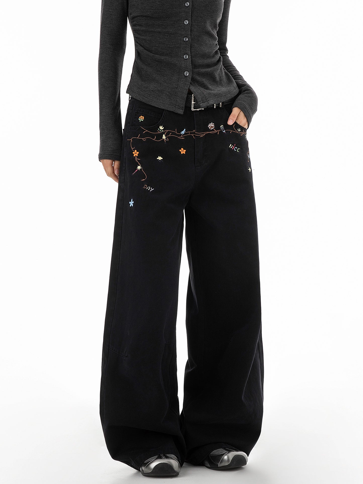 Floral Embroidery Wide Denim Pants ICM0116
