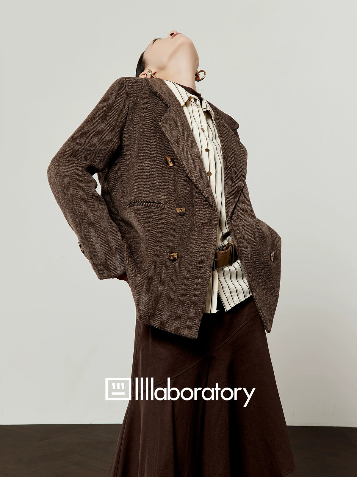 Retro Autumn Jacket/Striped Shirt/Brown Asymmetrical Skirt LLA0542