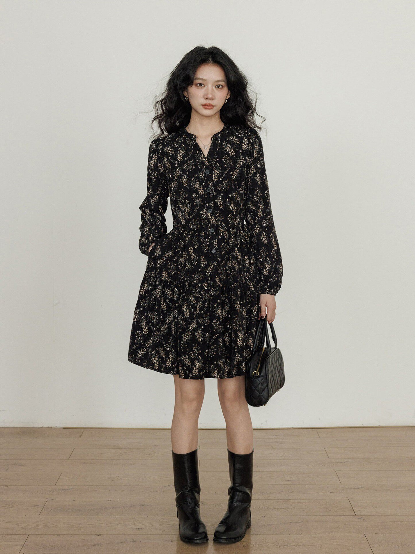 V-Neck Printed Waist Shirt Dress VAS0194