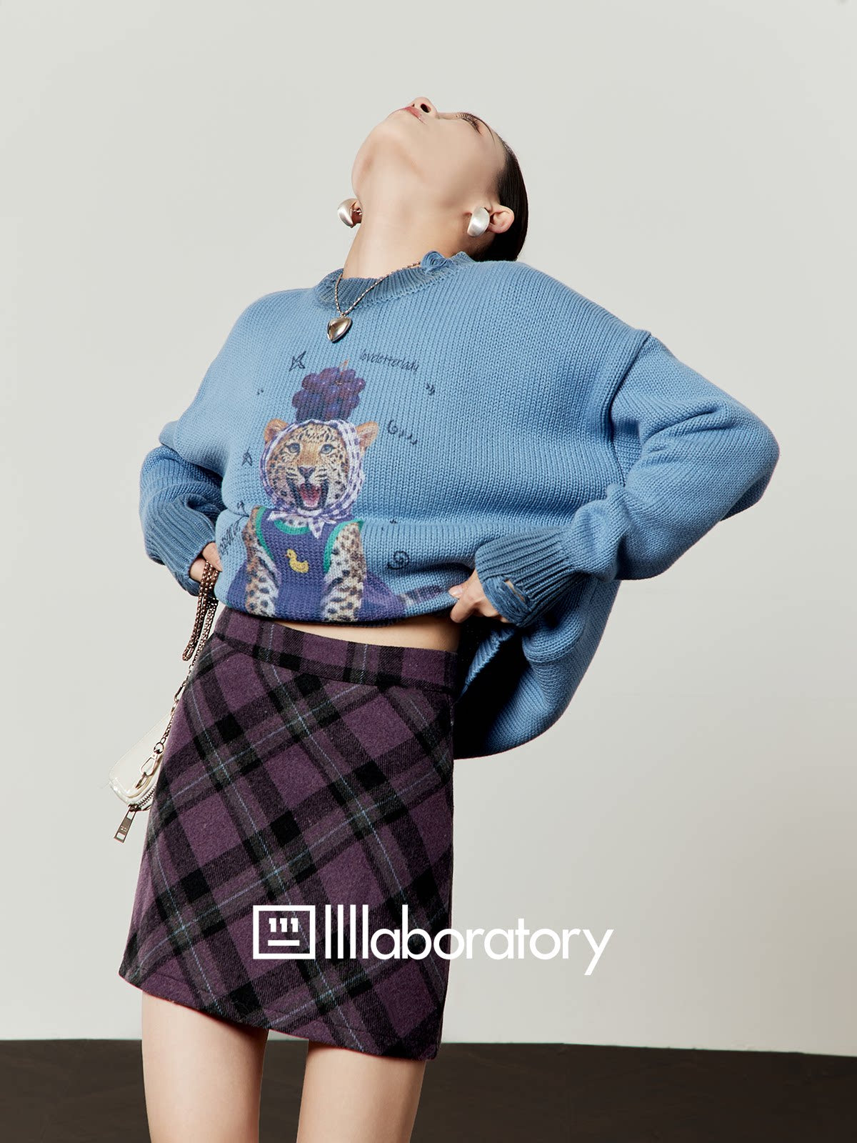 Cute Tiger Print Knit / Plaid Mini Skirt LLA0636