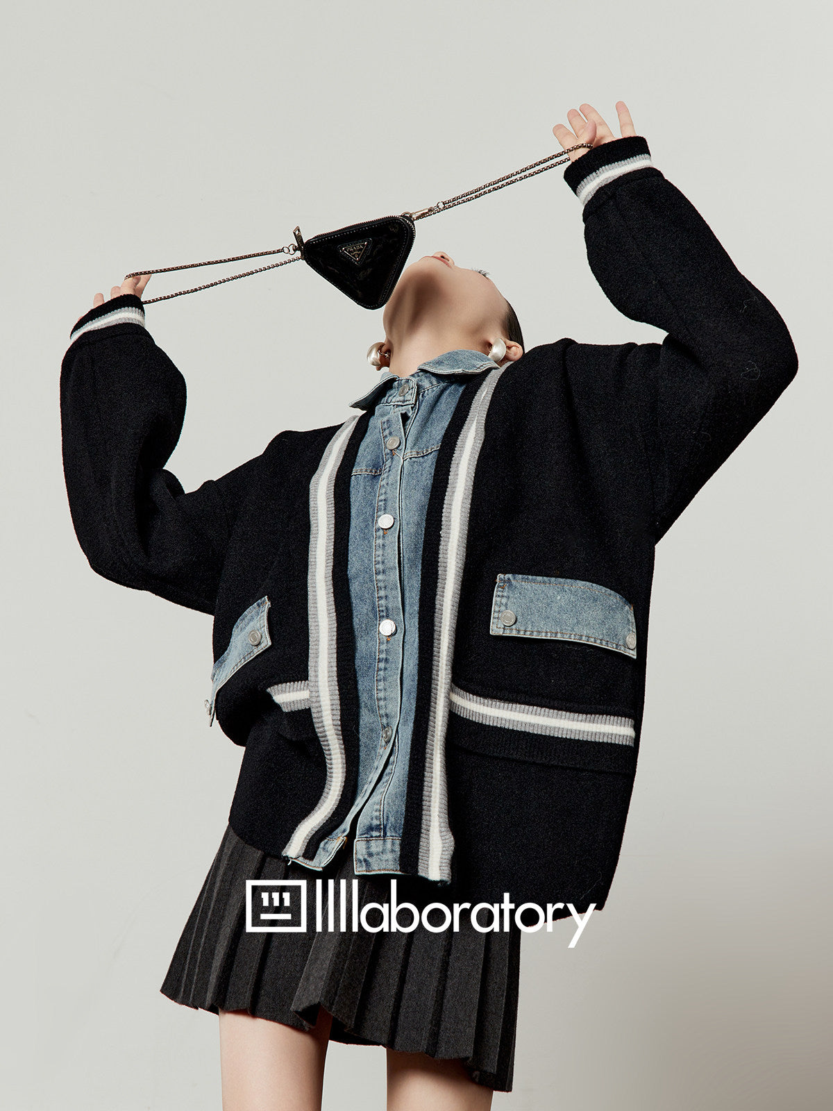 Denim Shirt Docking Knit Cardigan / Pleated Skirt LLA0647