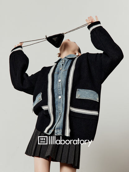 Denim Shirt Docking Knit Cardigan / Pleated Skirt LLA0647