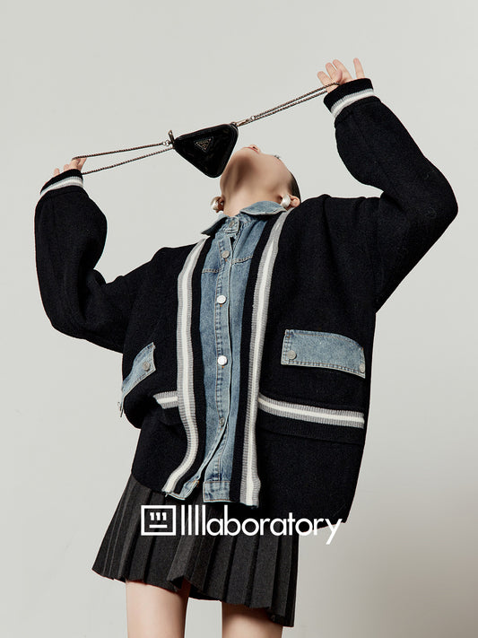 Denim Shirt Docking Knit Cardigan / Pleated Skirt LLA0647